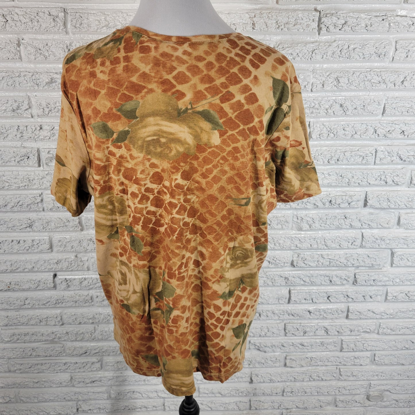 St. John's Bay Womens Tee 1X Brown Green Animal Print Floral V-Neck FLO240XE