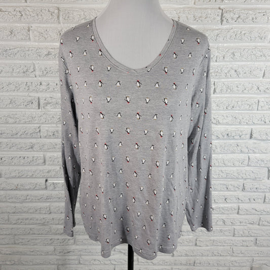 Croft & Barrow Womens Tee 2XL Plus Gray Penguins Print Long Sleeve V-Neck GRA89E