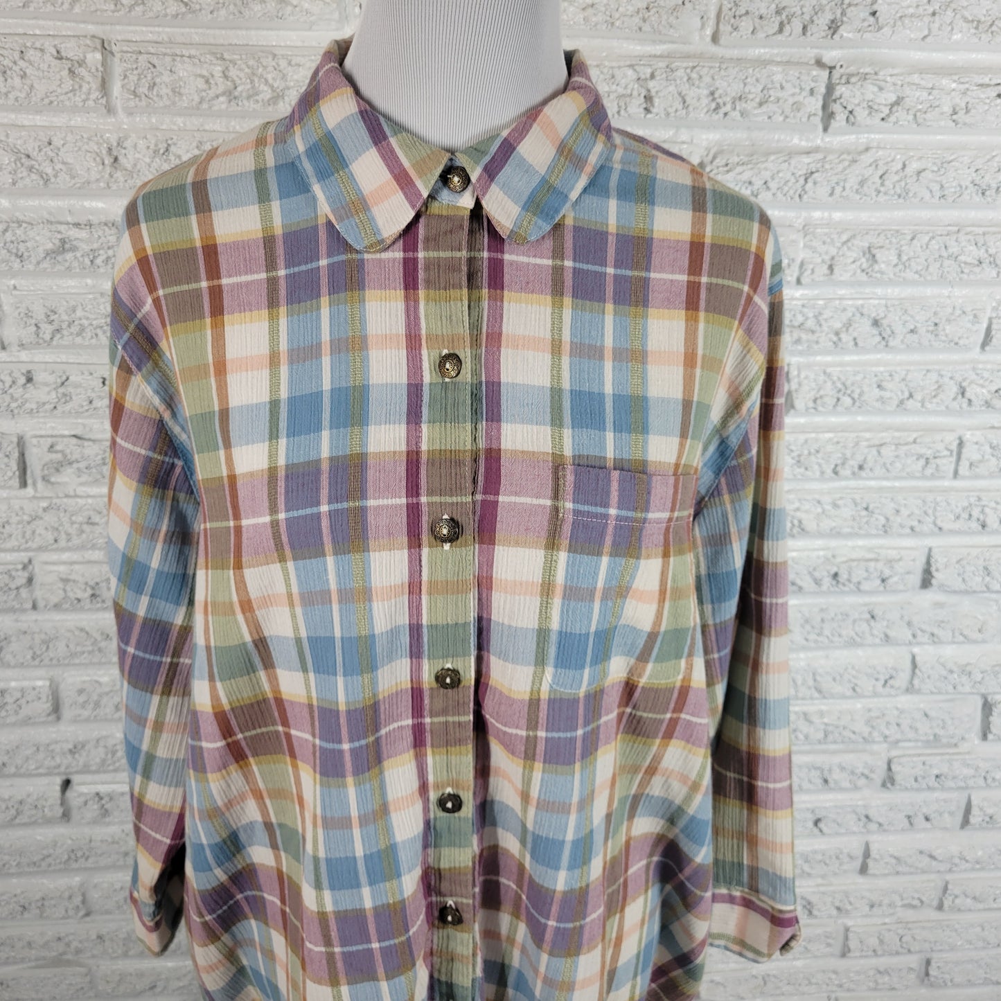 Alfred Dunner Womens Top 20W Plus Pastel Plaid 3/4 Sleeve Collared PLA37E
