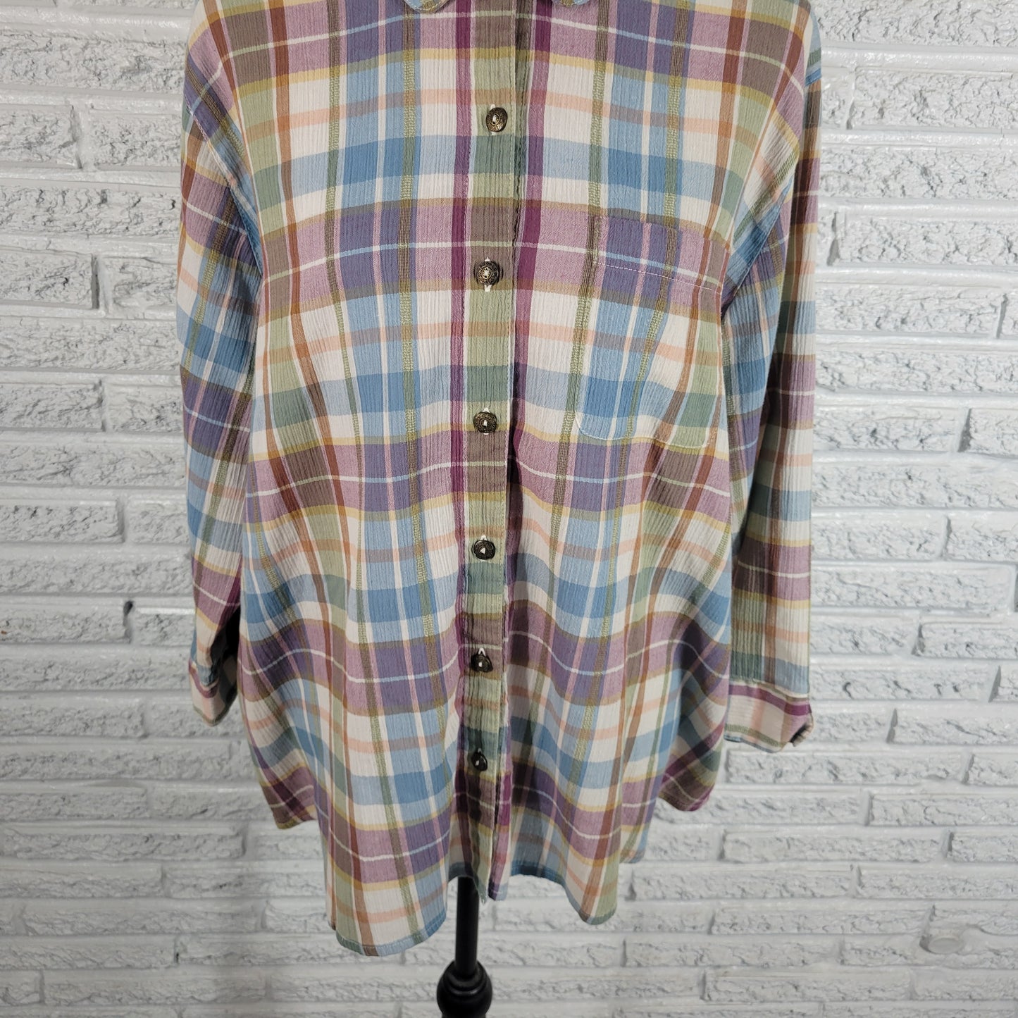 Alfred Dunner Womens Top 20W Plus Pastel Plaid 3/4 Sleeve Collared PLA37E
