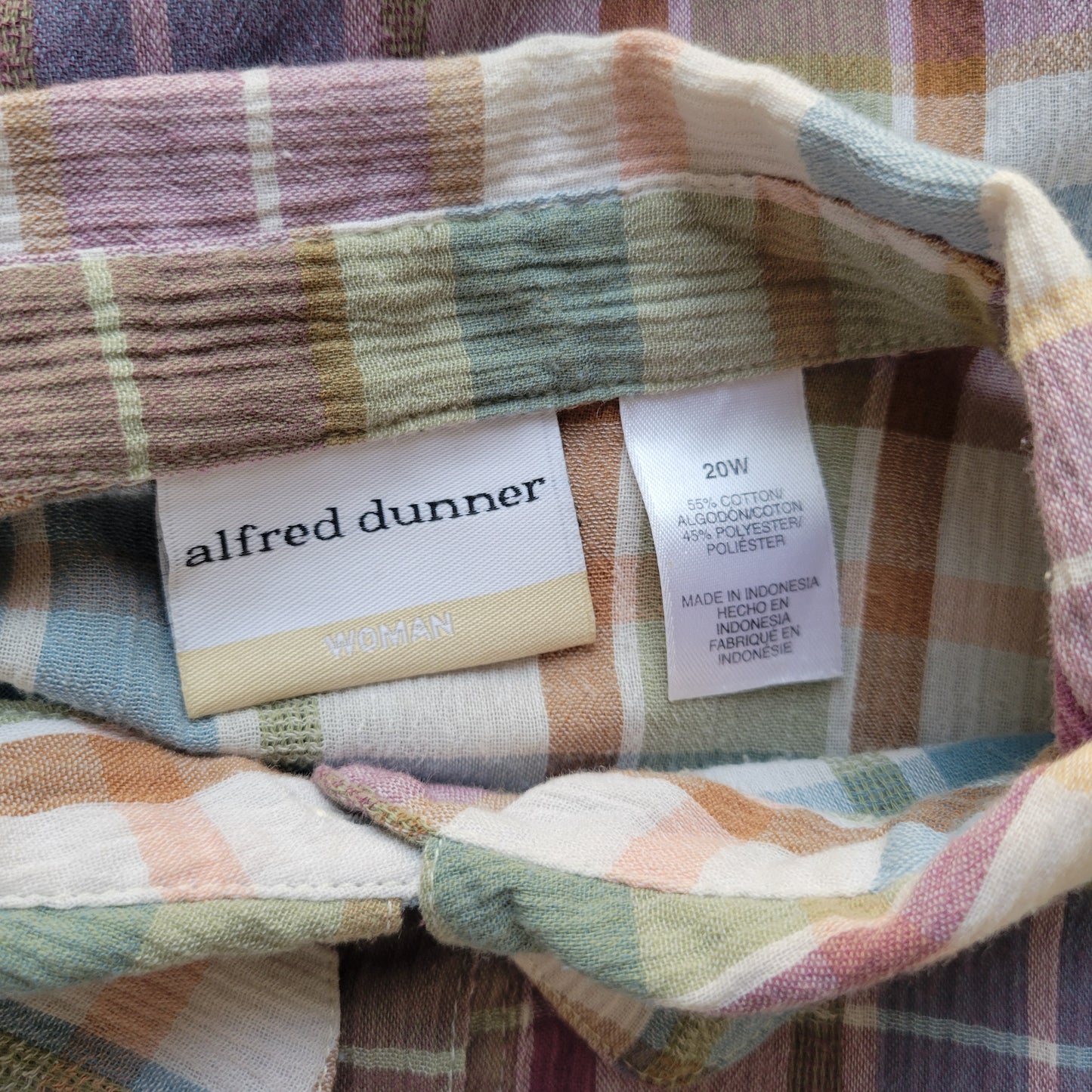 Alfred Dunner Womens Top 20W Plus Pastel Plaid 3/4 Sleeve Collared PLA37E