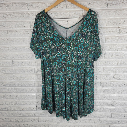 Roaman's Womens Tunic 1X Green Blue Geometric V-Neck Short Sleeve GEO163XE