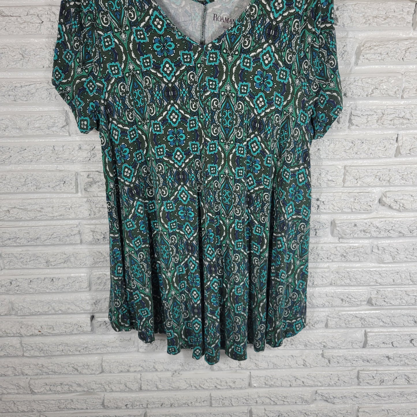 Roaman's Womens Tunic 1X Green Blue Geometric V-Neck Short Sleeve GEO163XE