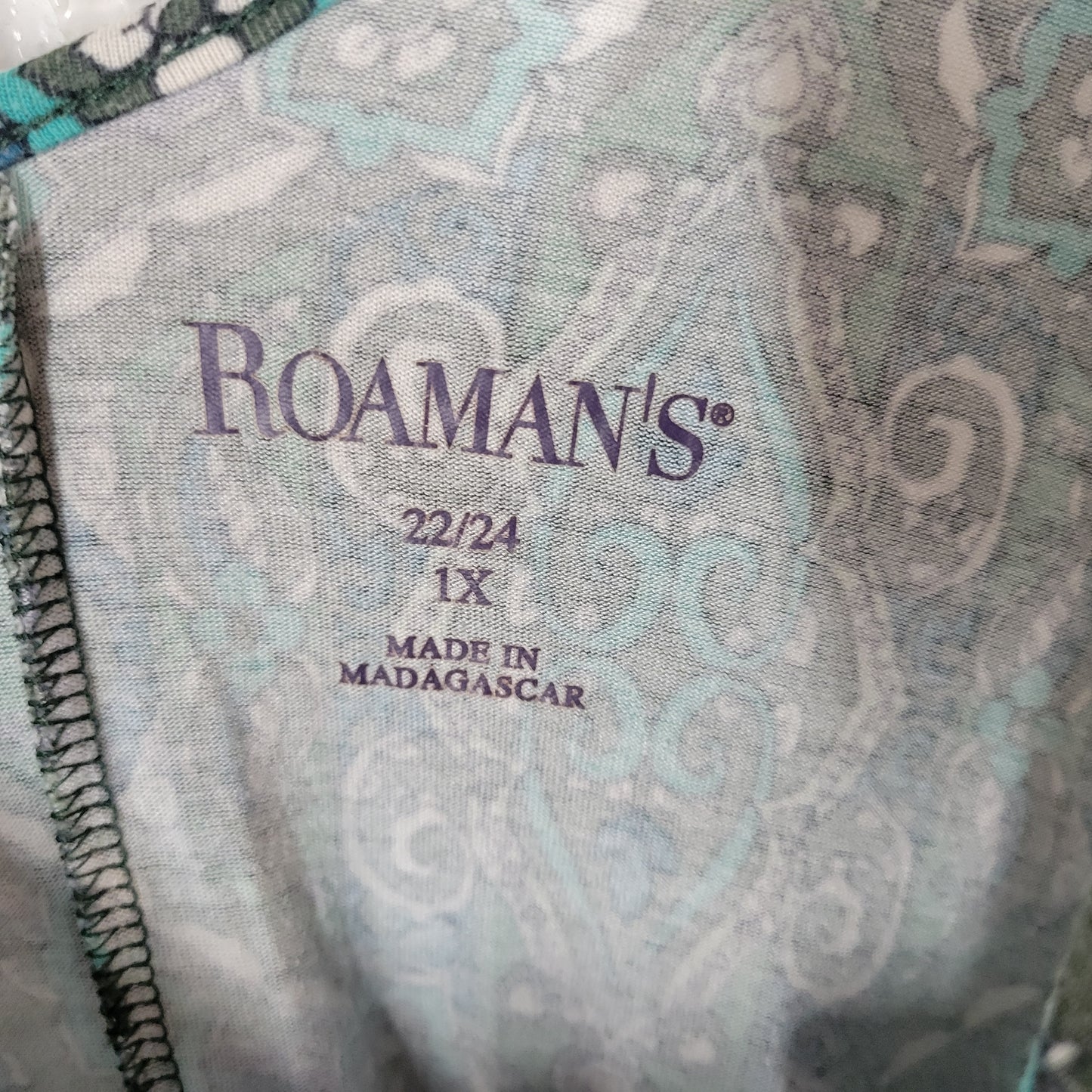 Roaman's Womens Tunic 1X Green Blue Geometric V-Neck Short Sleeve GEO163XE