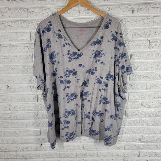 Woman Within 5X Tunic Tee Shirt Plus Blue Gray Floral V-Neck FLO51E