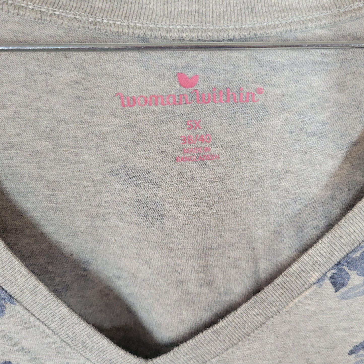 Woman Within 5X Tunic Tee Shirt Plus Blue Gray Floral V-Neck FLO51E