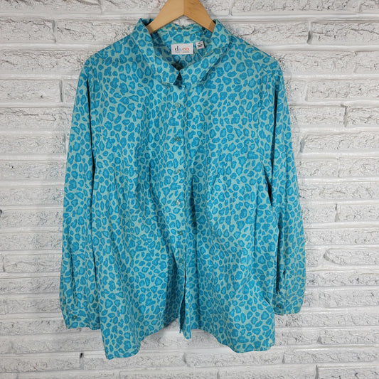 Denim & Co Womens Top 3X Plus Blue Animal Print Long Sleeve Collar ANI49XE