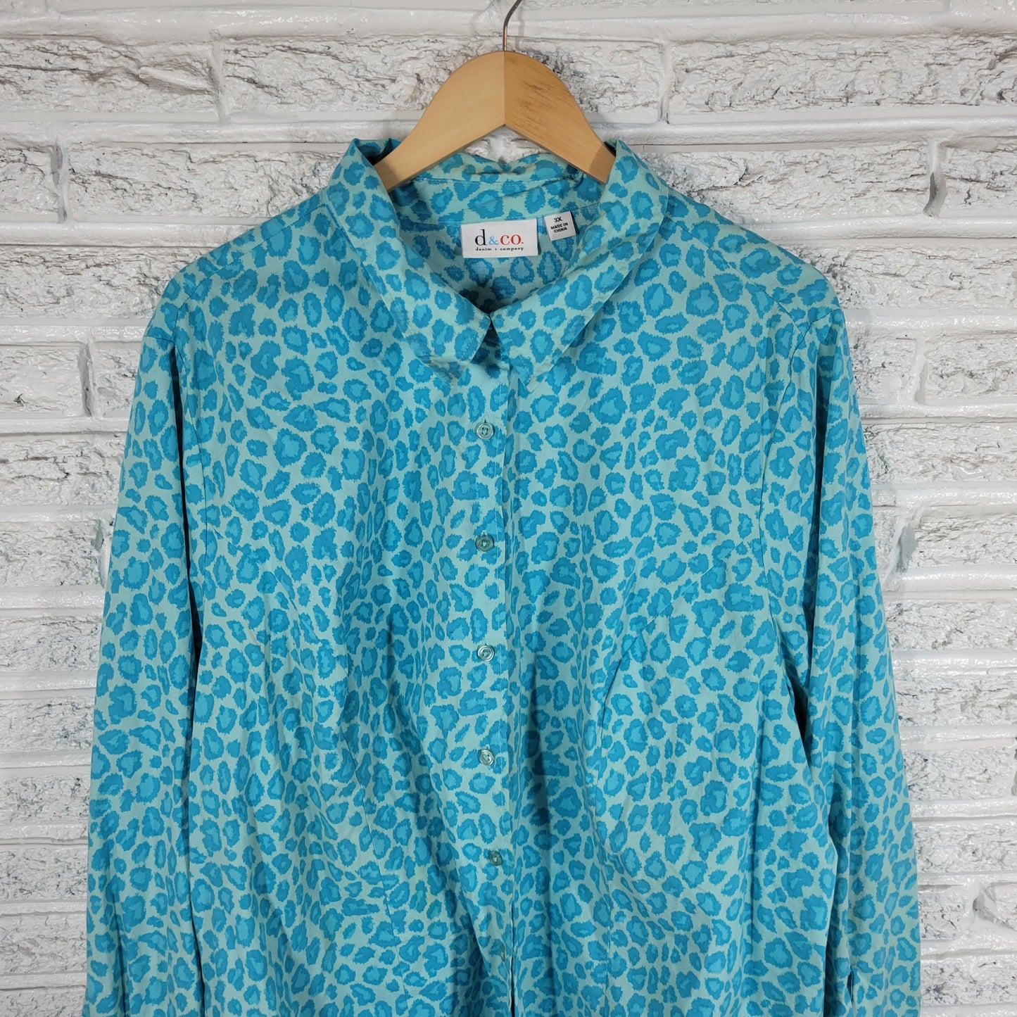 Denim & Co Womens Top 3X Plus Blue Animal Print Long Sleeve Collar ANI49XE