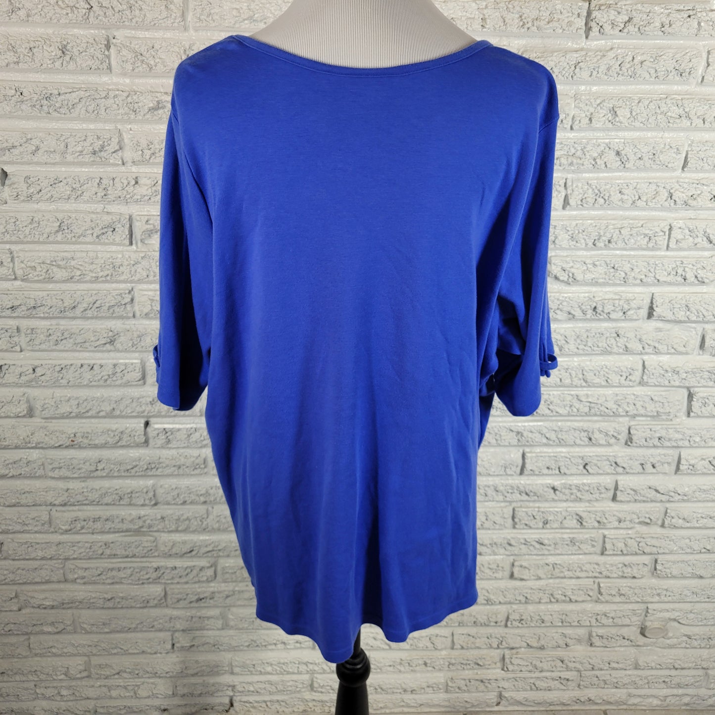 Quacker Factory 2X Blue Rhinestone Sleeve Tunic Top Crewneck Cotton Blend BLU3E