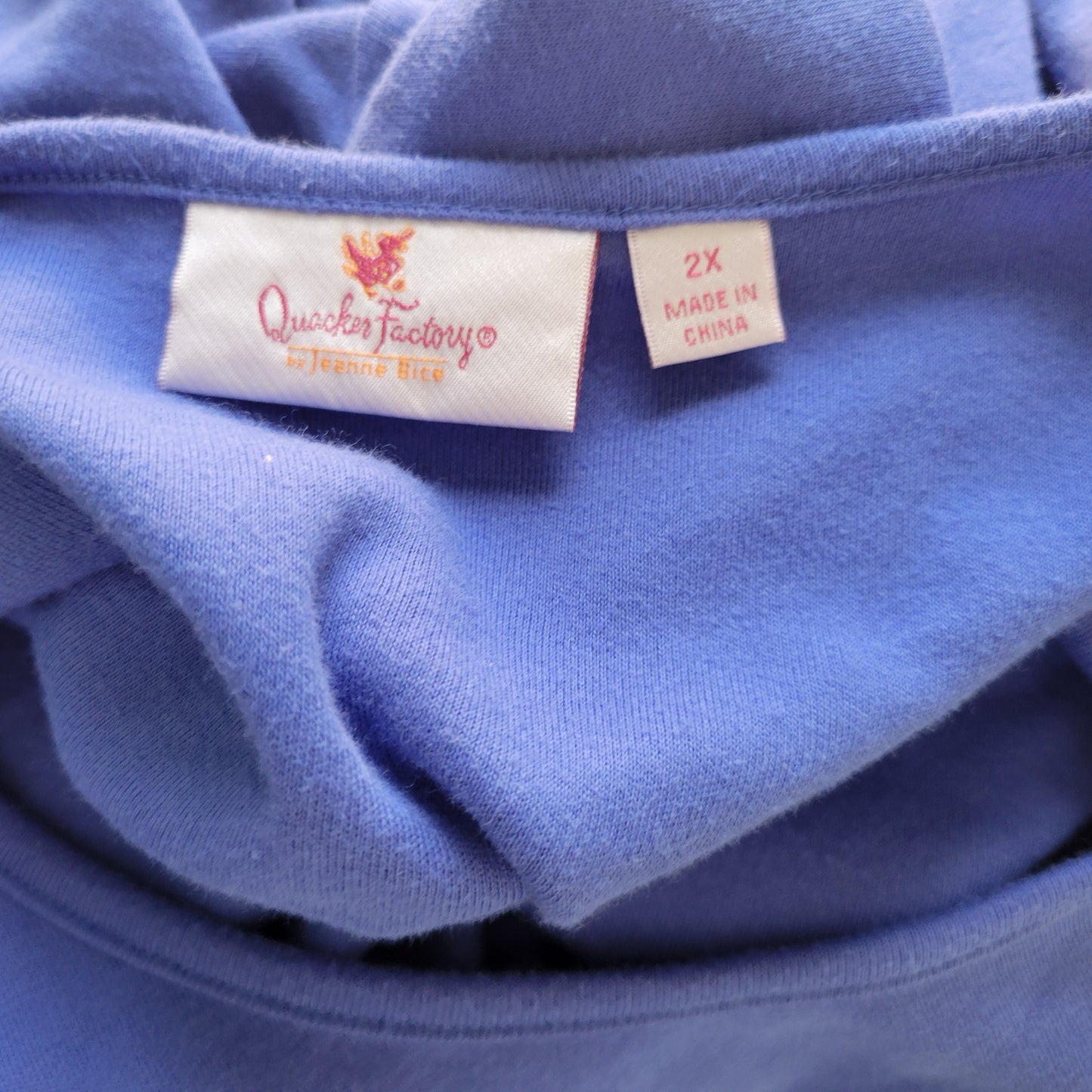 Quacker Factory 2X Blue Rhinestone Sleeve Tunic Top Crewneck Cotton Blend BLU3E