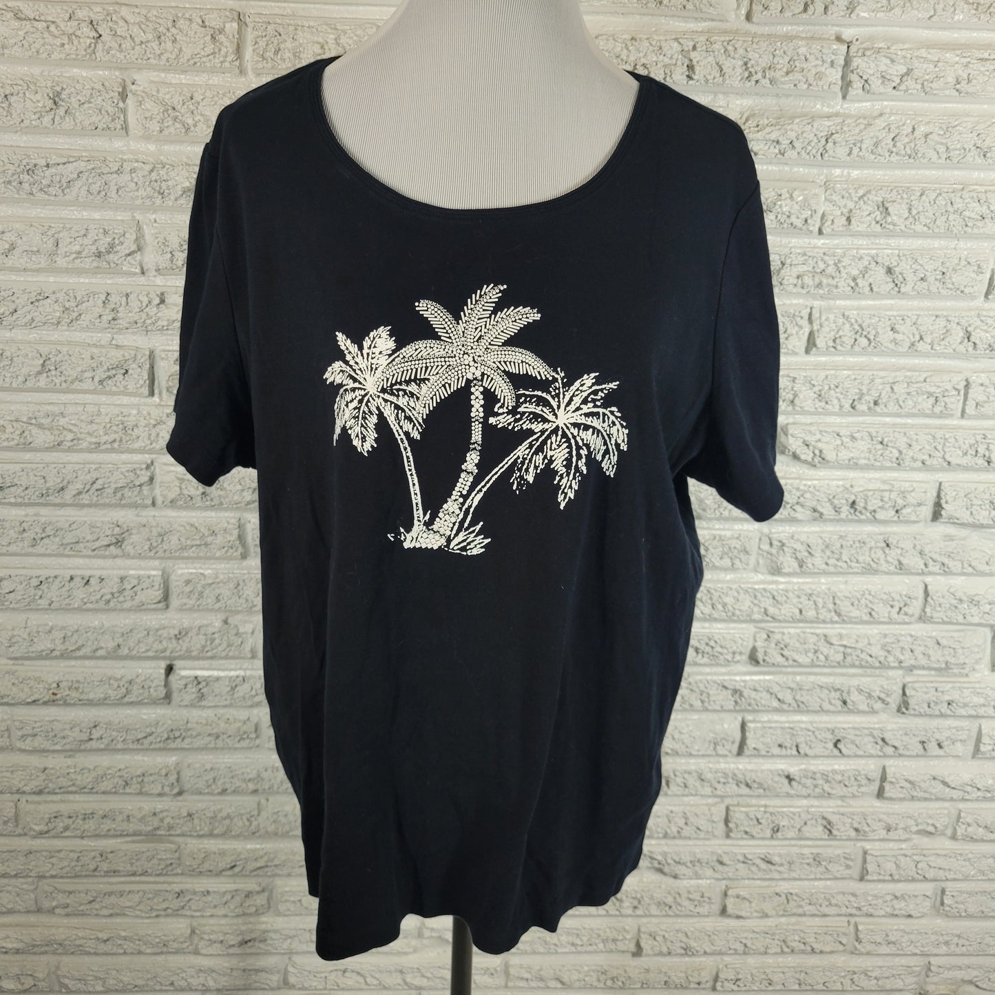 Karen Scott 3X Black Cotton Studded Palm Tree Tee Top Crewneck Plus Size BLA127E