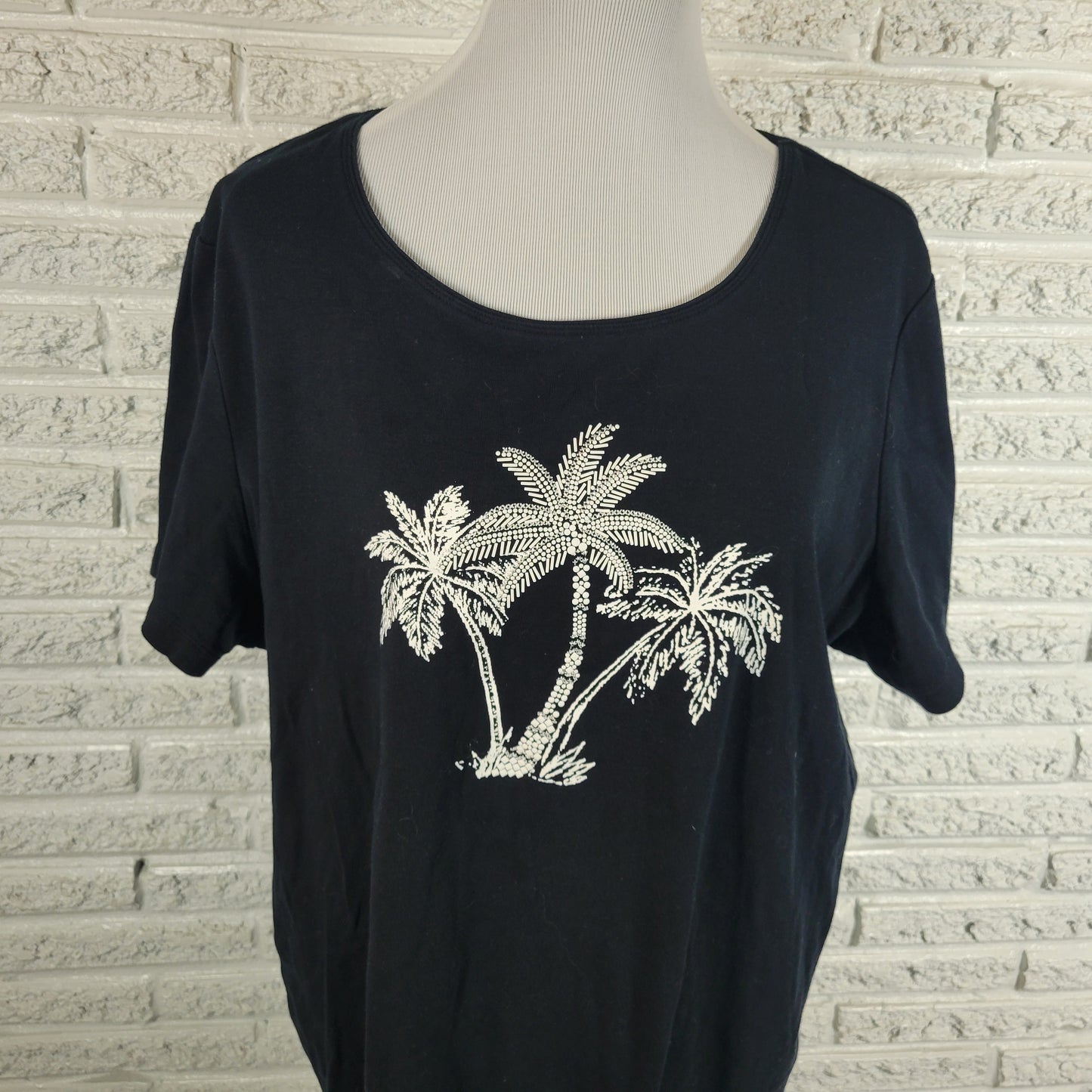 Karen Scott 3X Black Cotton Studded Palm Tree Tee Top Crewneck Plus Size BLA127E