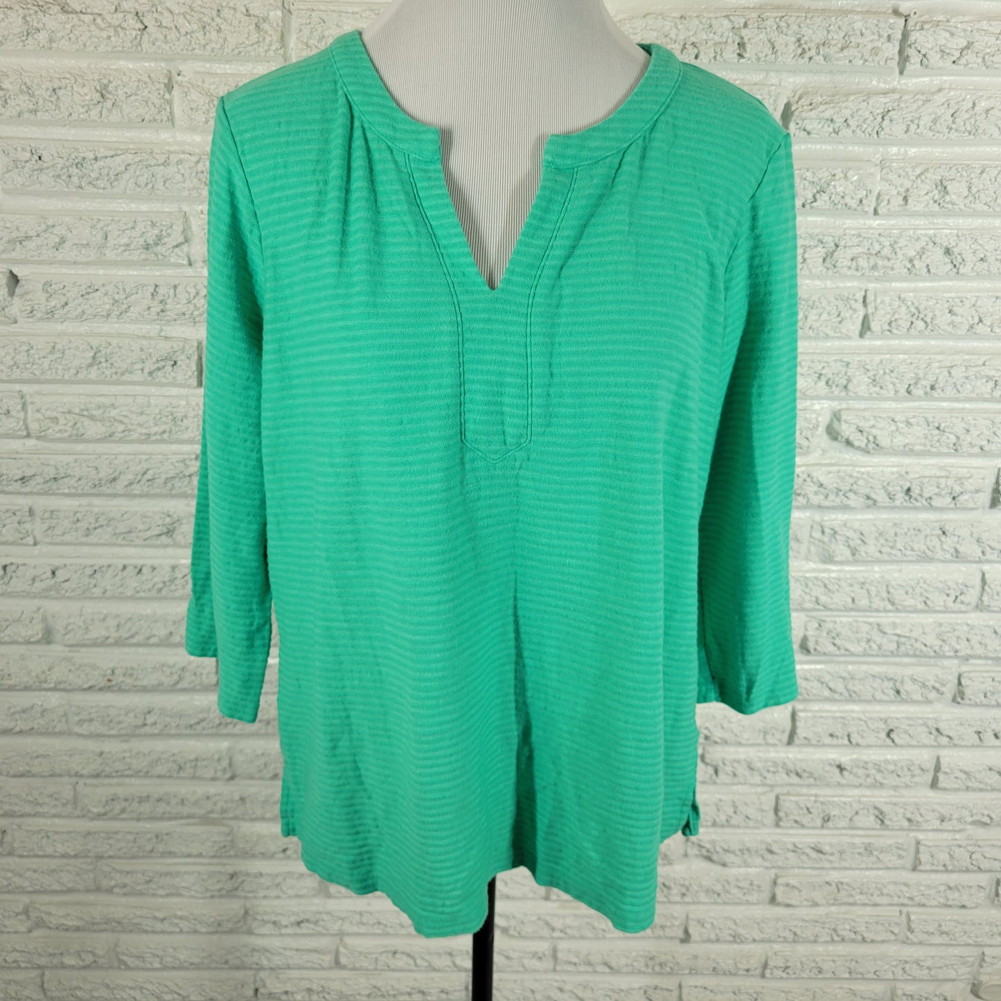 Liz Claiborne Top Womens PXL Green Striped V Neck 3/4 Sleeve Cotton Blend GRE2E