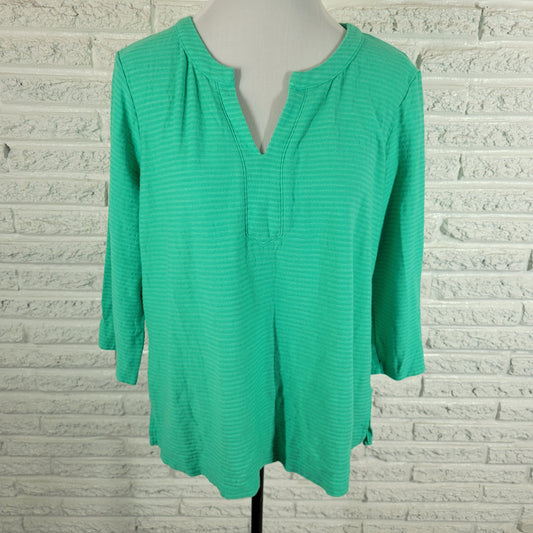 Liz Claiborne Top Womens PXL Green Striped V Neck 3/4 Sleeve Cotton Blend GRE2E