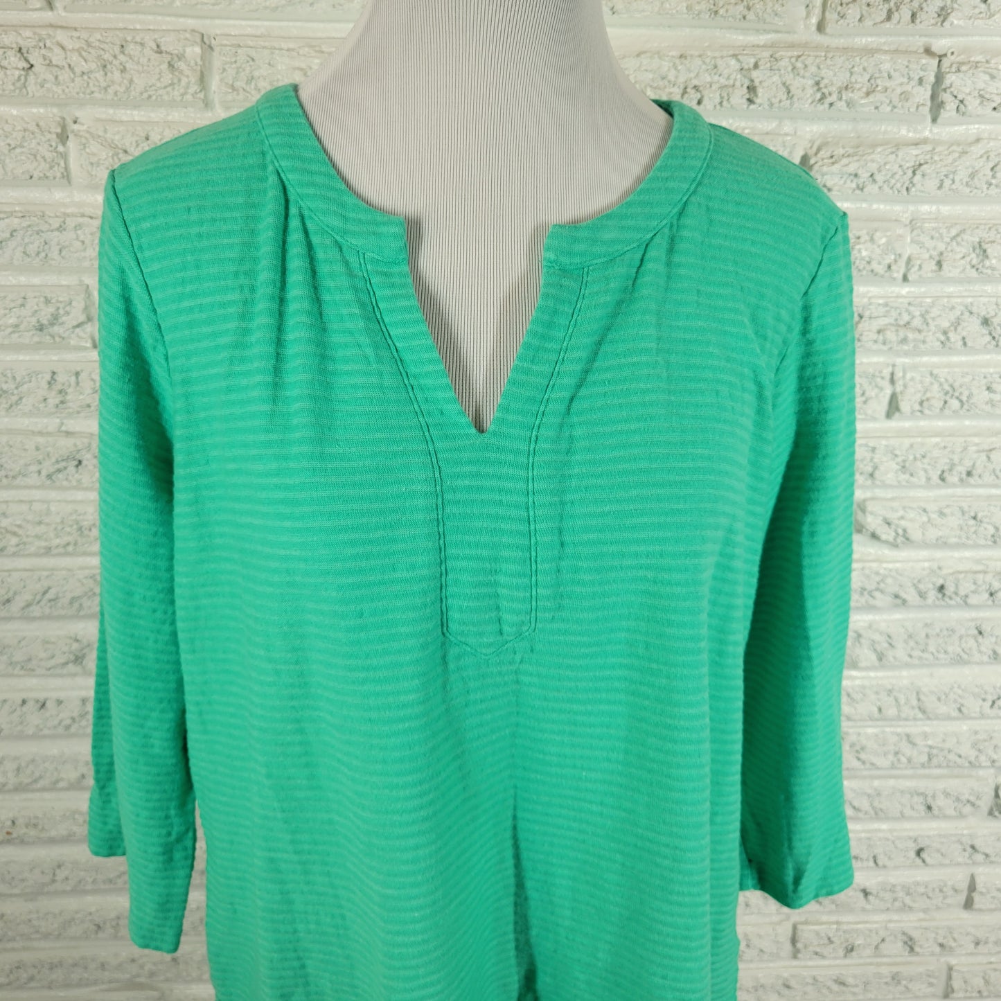 Liz Claiborne Top Womens PXL Green Striped V Neck 3/4 Sleeve Cotton Blend GRE2E