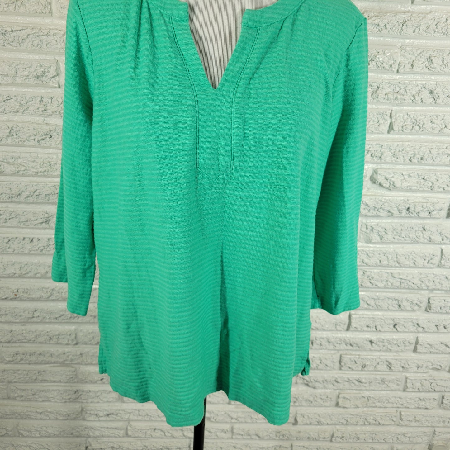 Liz Claiborne Top Womens PXL Green Striped V Neck 3/4 Sleeve Cotton Blend GRE2E