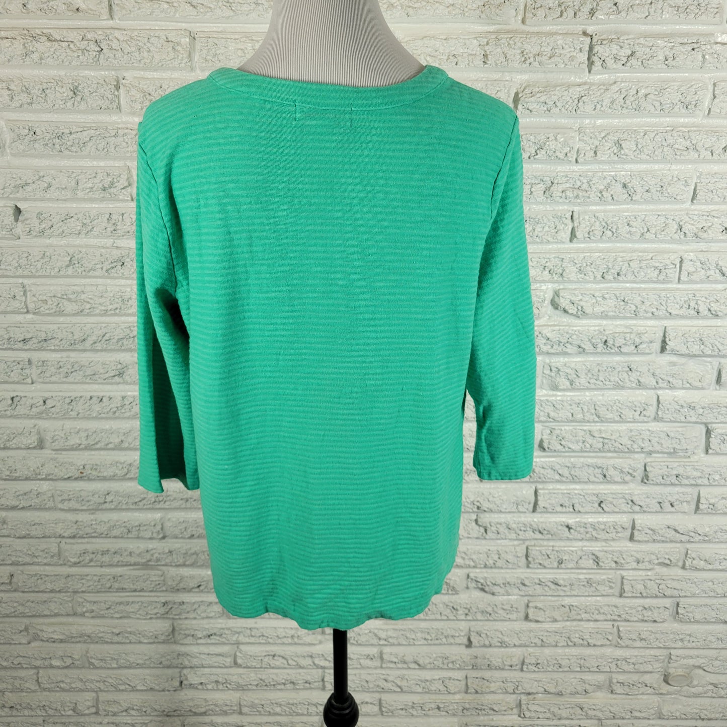 Liz Claiborne Top Womens PXL Green Striped V Neck 3/4 Sleeve Cotton Blend GRE2E
