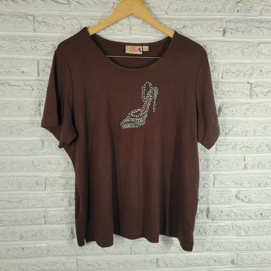 Quacker Factory T Shirt Womens 1X Brown Stiletto Shoe Rhinestone Cotton BRO10E