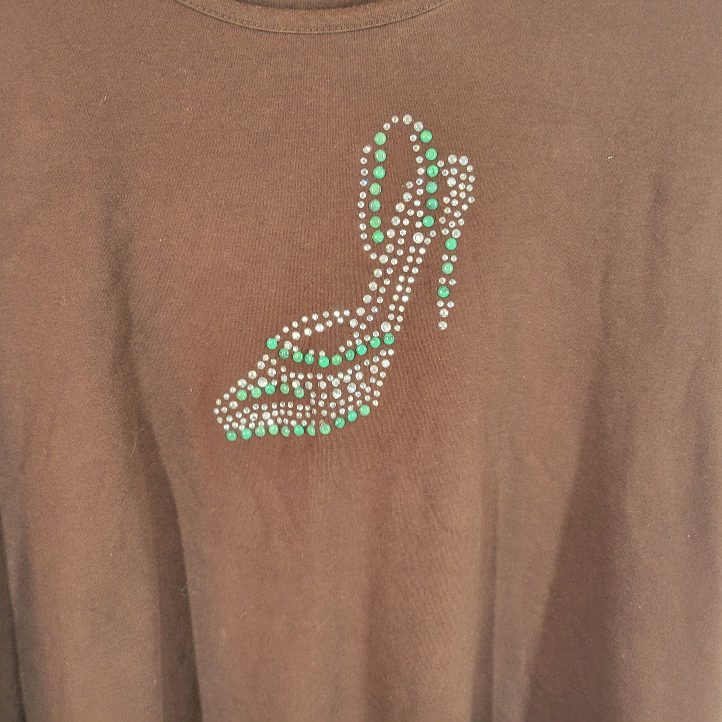 Quacker Factory T Shirt Womens 1X Brown Stiletto Shoe Rhinestone Cotton BRO10E