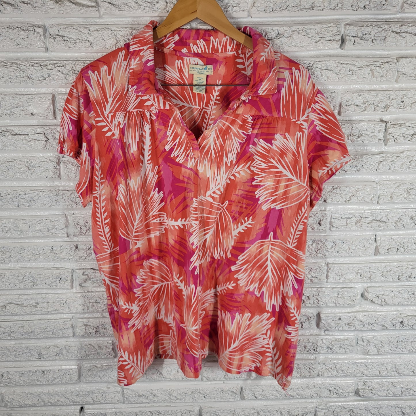 Caribbean Joe Top Womens 3X Pink Floral Cotton Blend Short Sleeve FLO252E