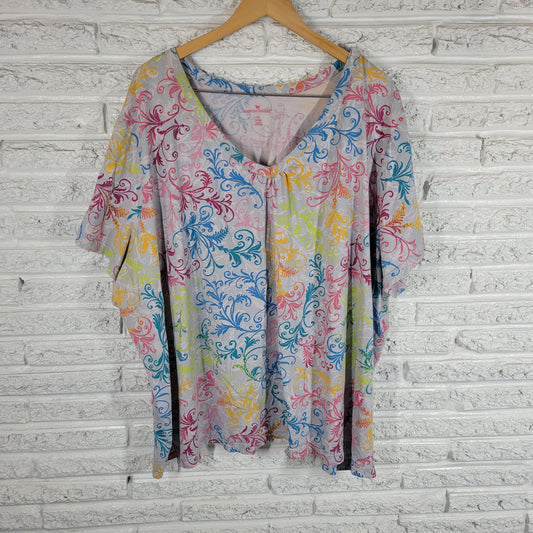 Woman Within Top 5X Floral Pleated V Neck Short Sleeve Cotton T Shirt FLO246XE