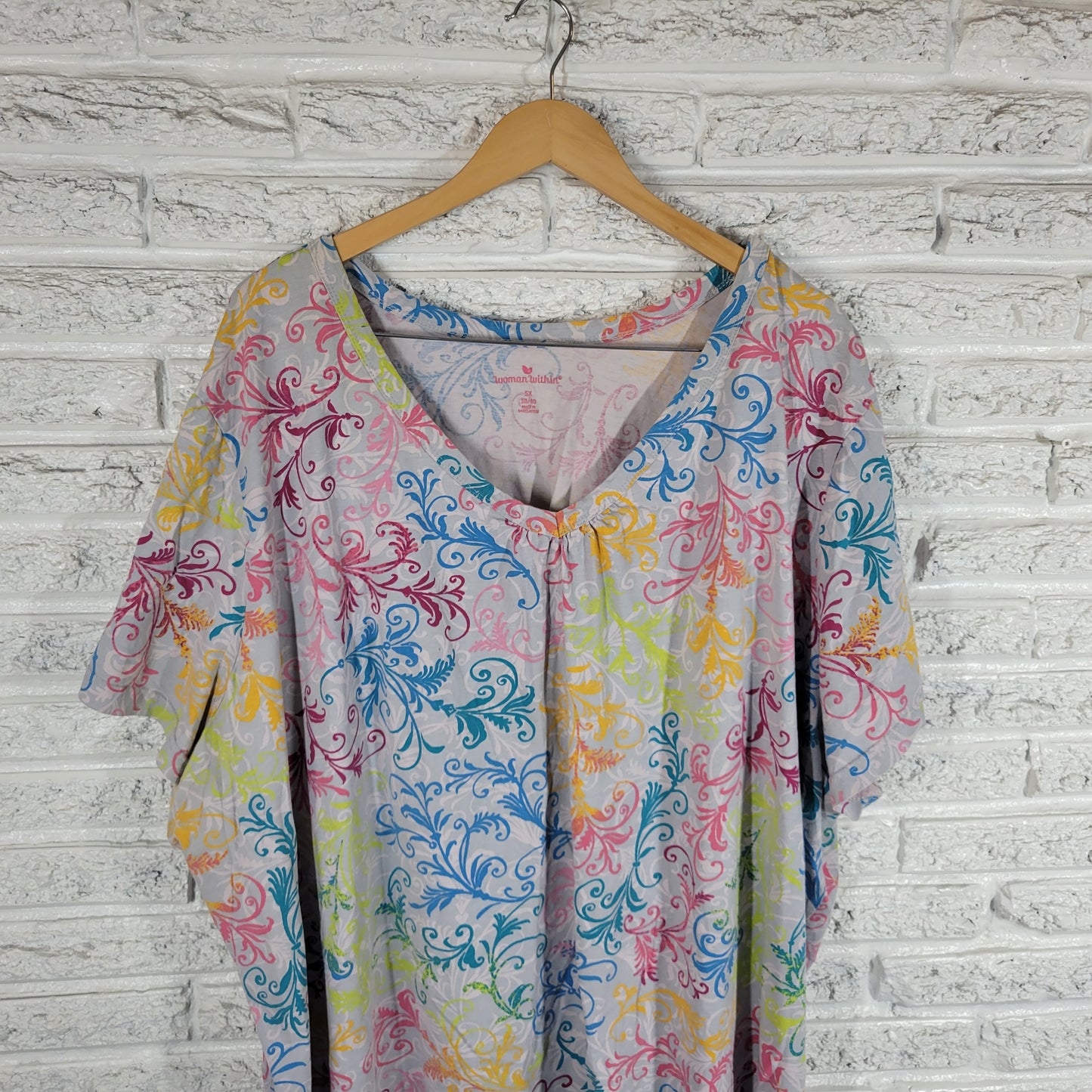 Woman Within Top 5X Floral Pleated V Neck Short Sleeve Cotton T Shirt FLO246XE