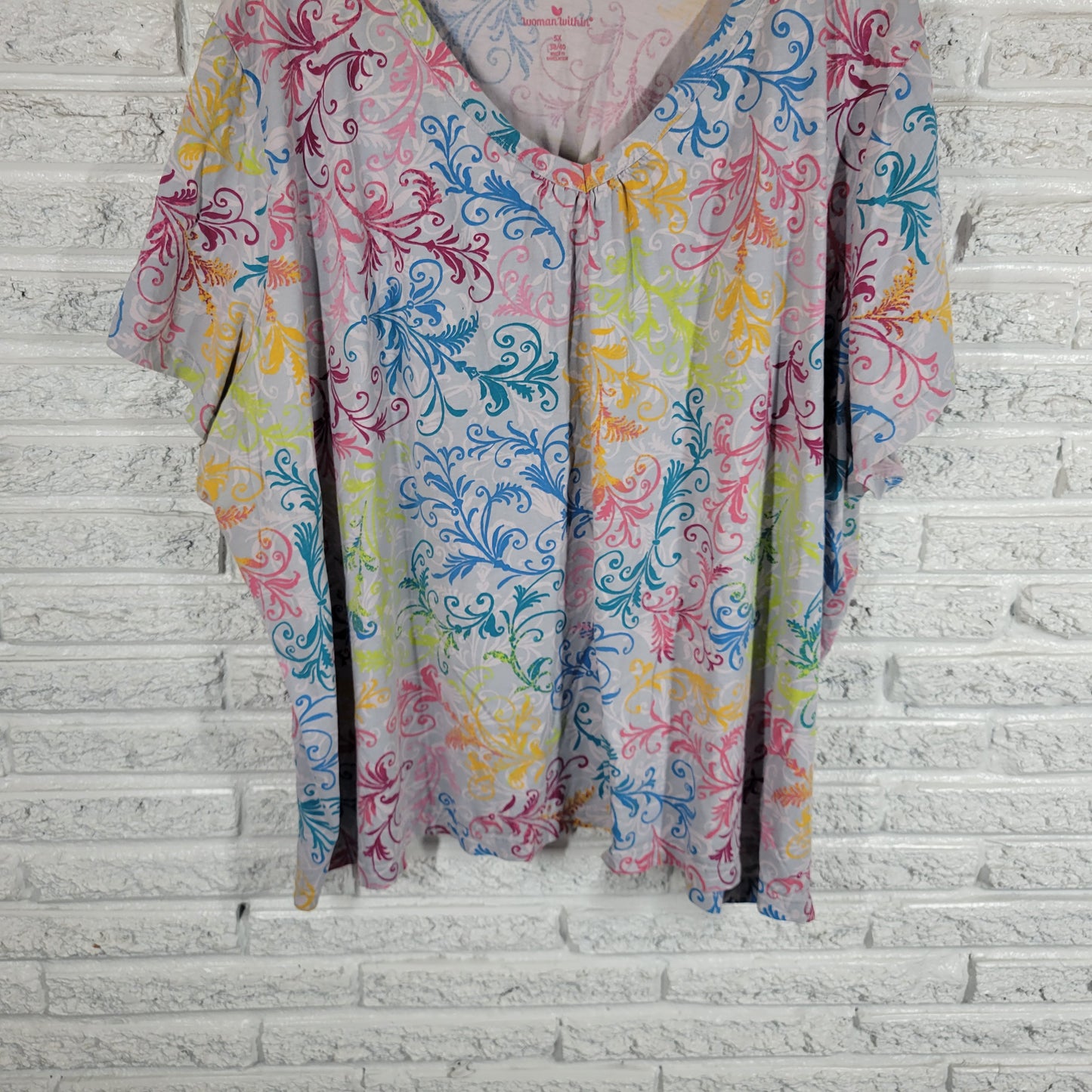 Woman Within Top 5X Floral Pleated V Neck Short Sleeve Cotton T Shirt FLO246XE