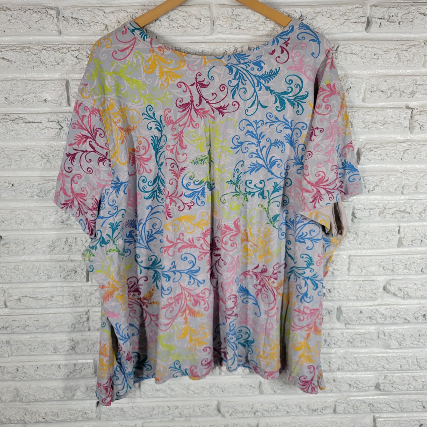 Woman Within Top 5X Floral Pleated V Neck Short Sleeve Cotton T Shirt FLO246XE