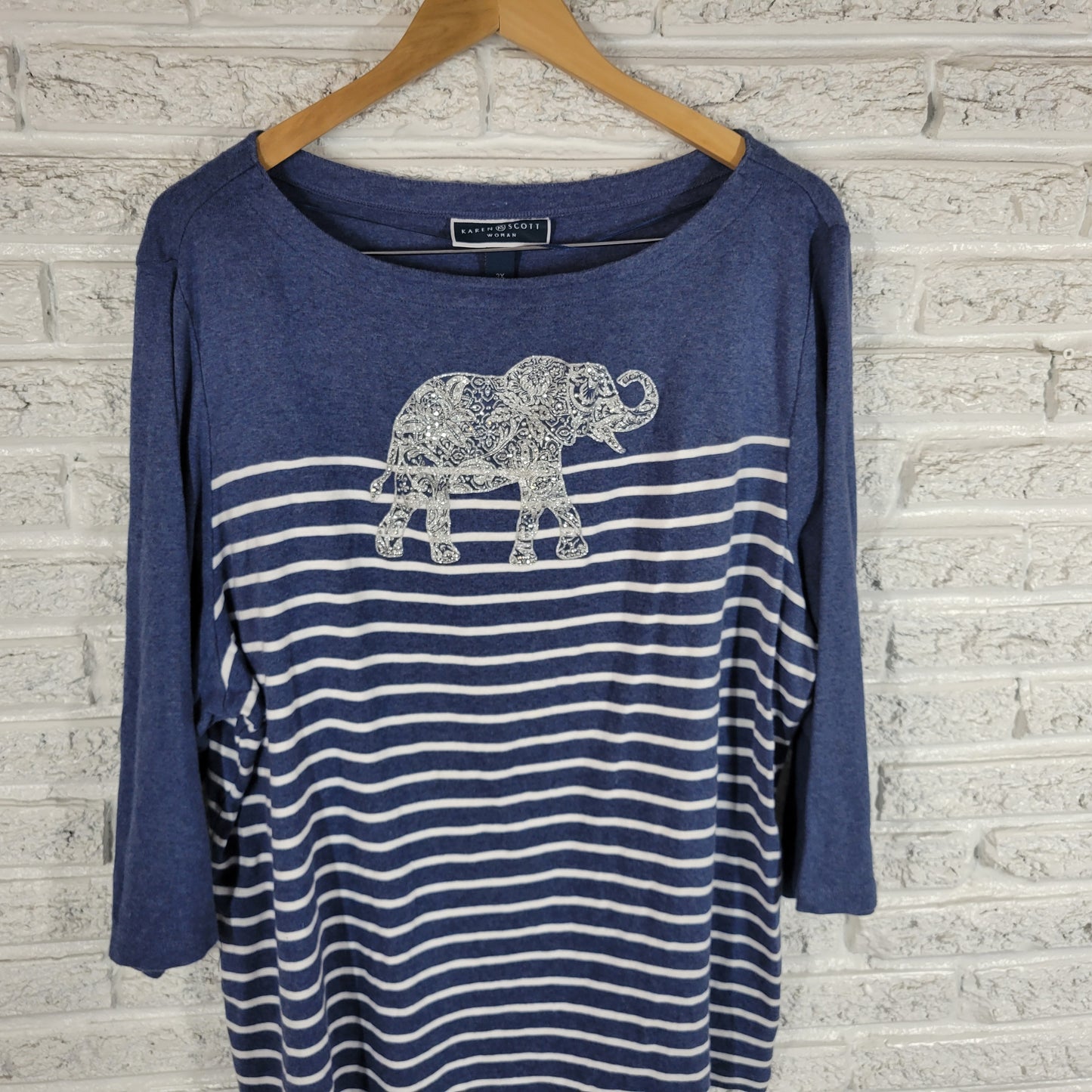 Karen Scott Top Womens 3X Blue Stripe Elephant Glitter Knit Rhinestone STR15XE