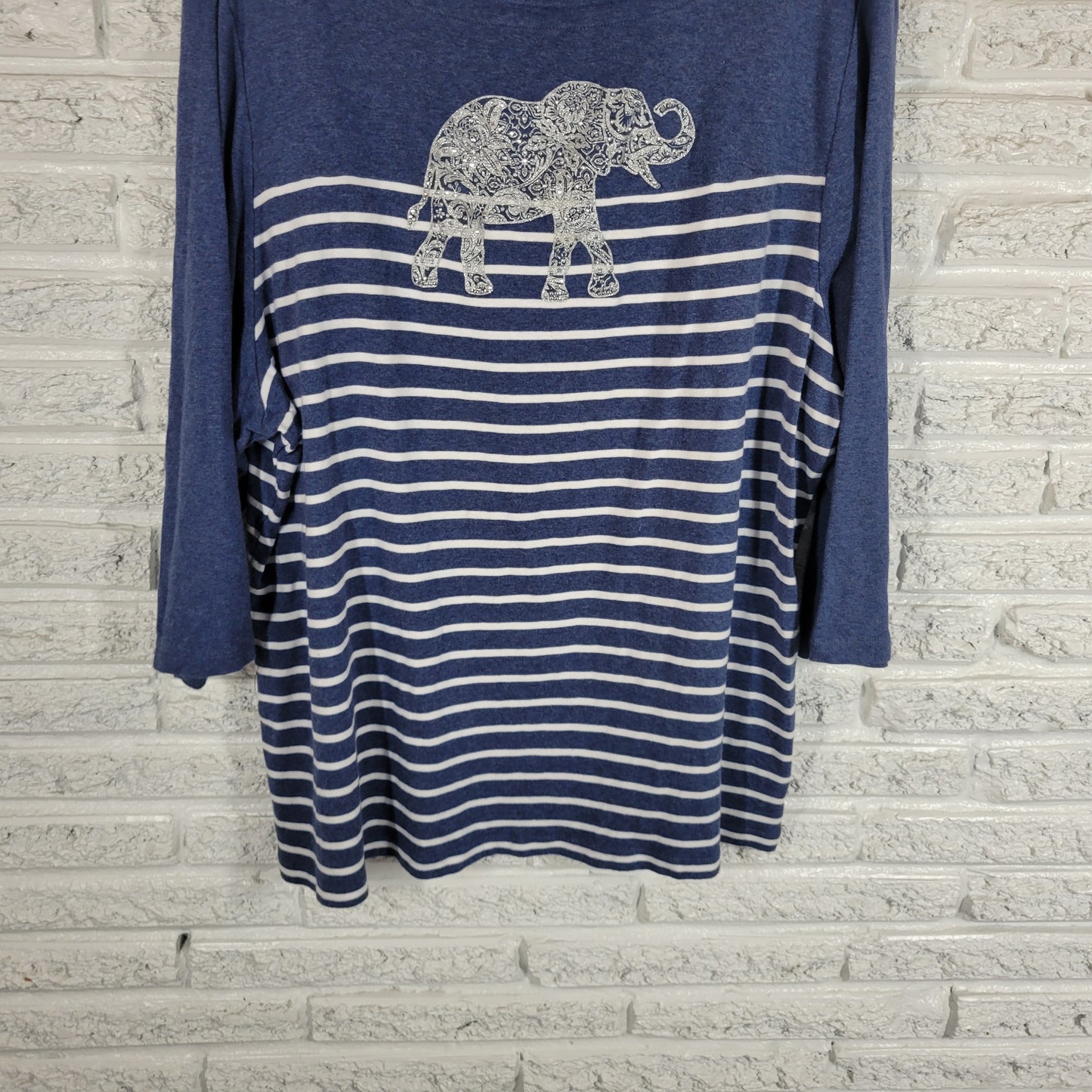Karen Scott Top Womens 3X Blue Stripe Elephant Glitter Knit Rhinestone STR15XE