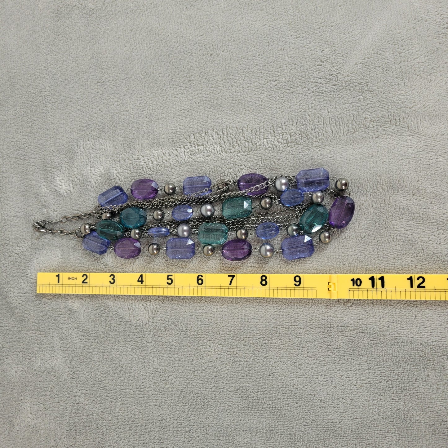 Multi Strand Beaded Statement Necklace Purple Teal Blue Silver Tone Layered N17E