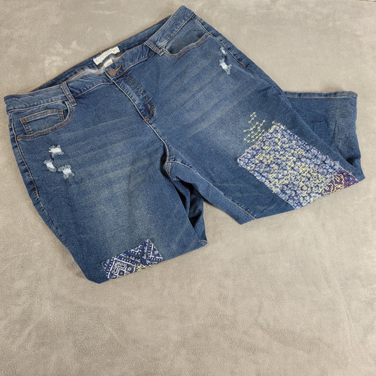 Cato 1946 Patchwork Capri Jeans 20W Plus Distressed Embroidered Dark Wash CAP22E