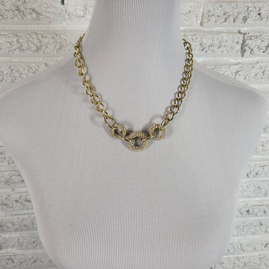 Gold Tone Rhinestone Interlocking Ring Chunky Chain Collar Necklace 16-19" N32E