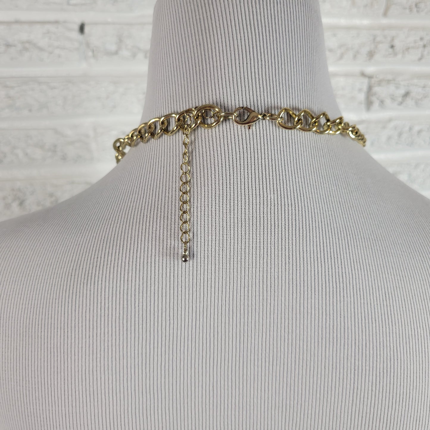 Gold Tone Rhinestone Interlocking Ring Chunky Chain Collar Necklace 16-19" N32E