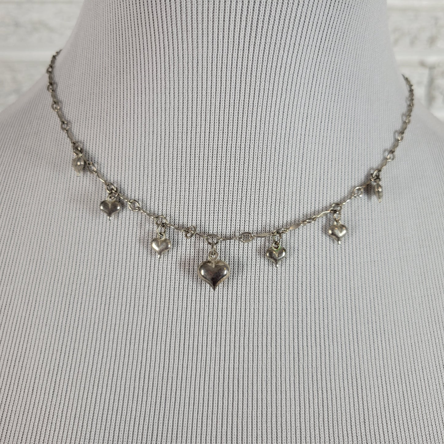 Silver Tone Multi Heart Charm Dangle Chain Necklace Adjustable 18"-19" N12E