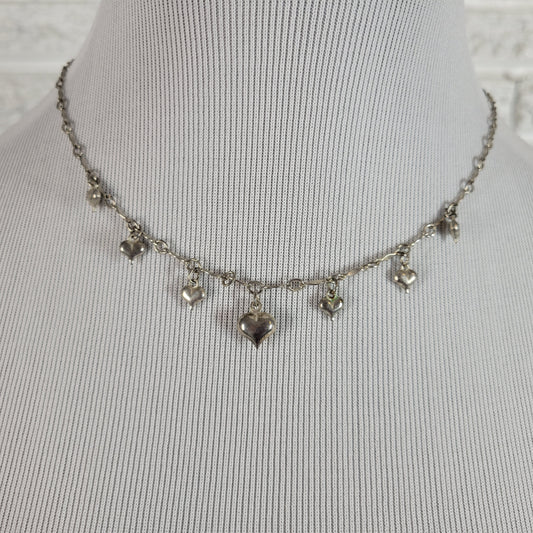 Silver Tone Multi Heart Charm Dangle Chain Necklace Adjustable 18"-19" N12E
