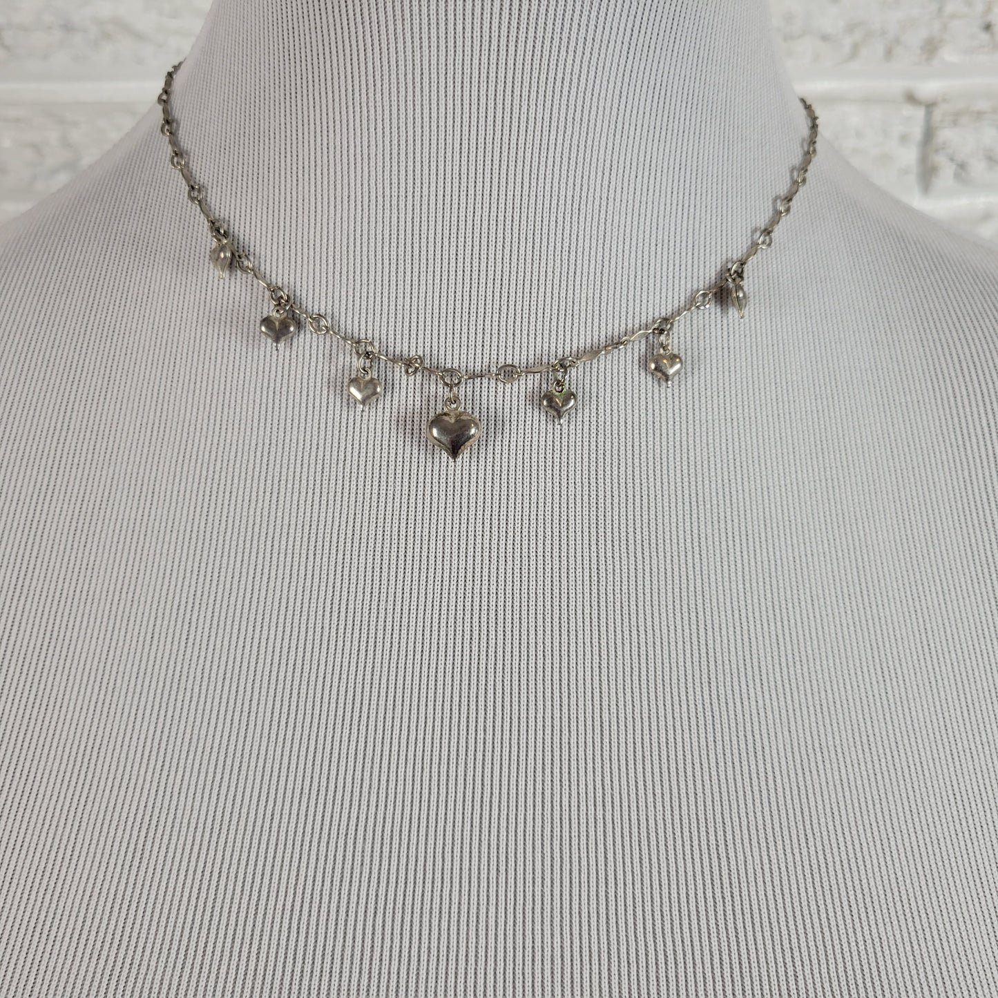 Silver Tone Multi Heart Charm Dangle Chain Necklace Adjustable 18"-19" N12E
