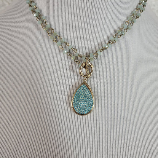 Vintage Gold Tone Beaded Teardrop Pendant Necklace Blue Crystal Toggle N3E