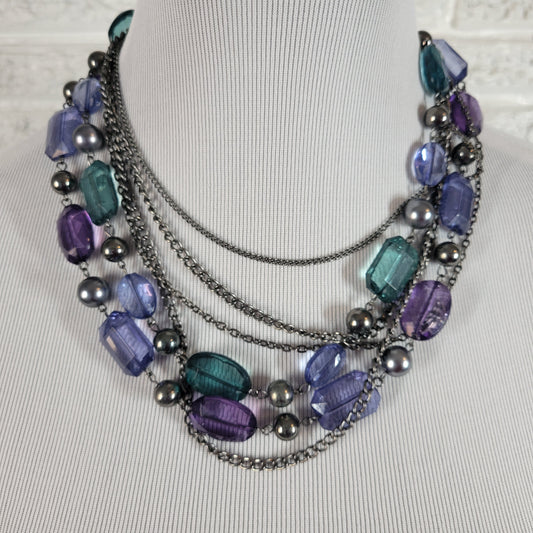 Multi Strand Beaded Statement Necklace Purple Teal Blue Silver Tone Layered N17E