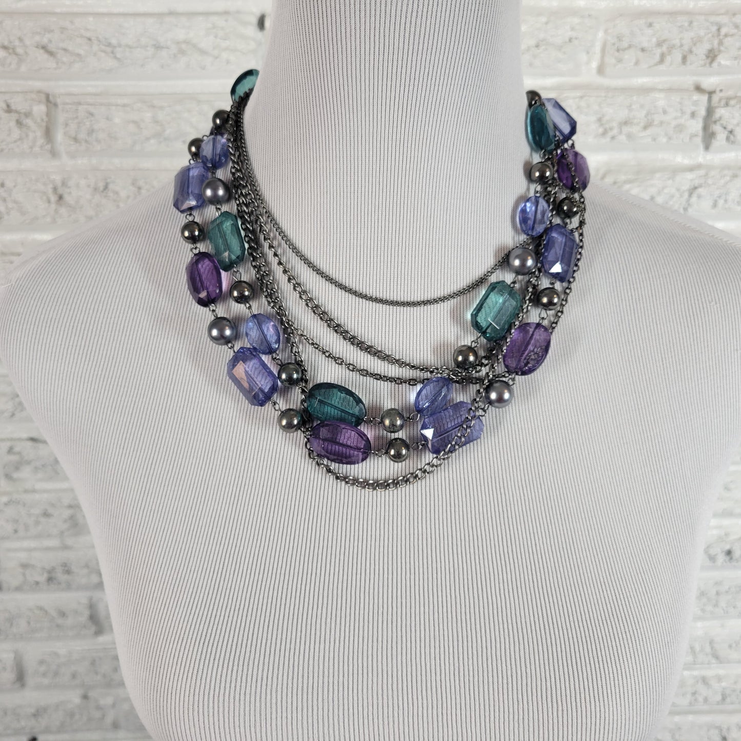 Multi Strand Beaded Statement Necklace Purple Teal Blue Silver Tone Layered N17E