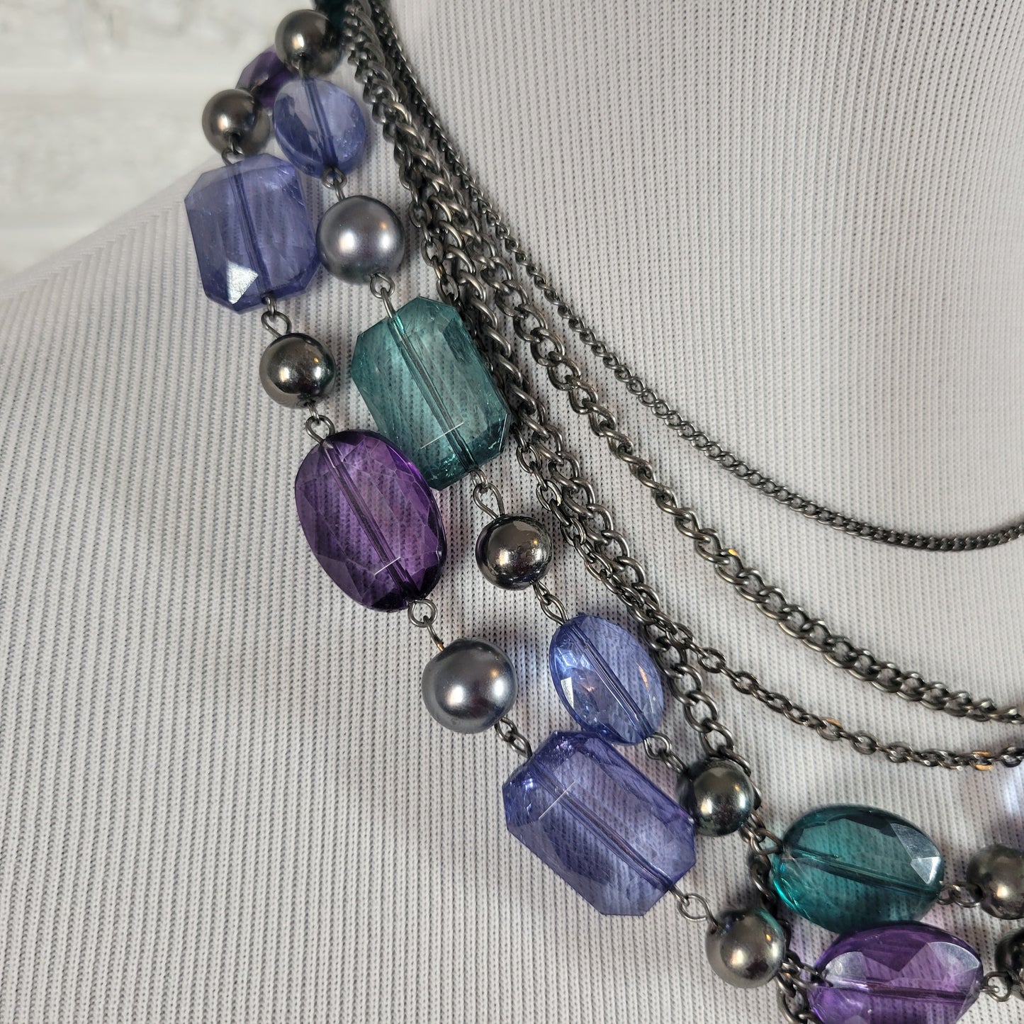 Multi Strand Beaded Statement Necklace Purple Teal Blue Silver Tone Layered N17E