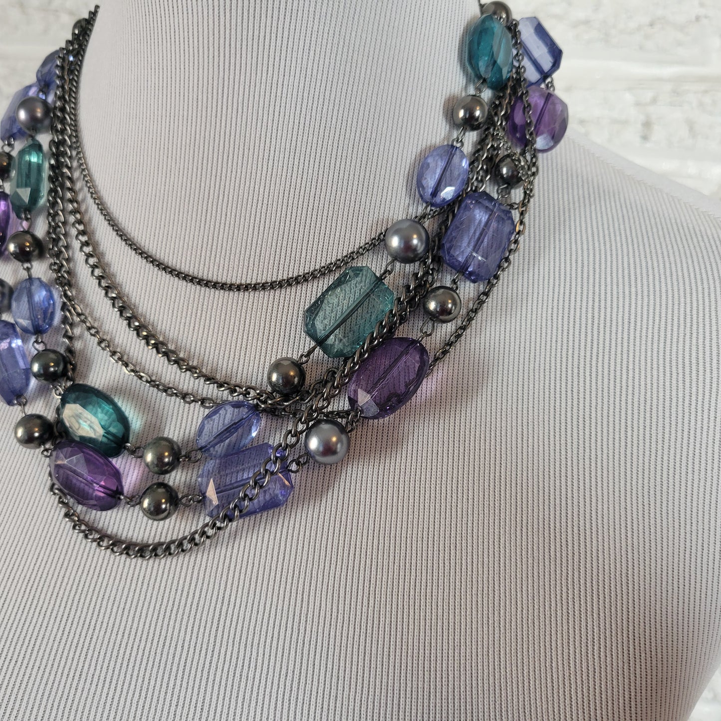 Multi Strand Beaded Statement Necklace Purple Teal Blue Silver Tone Layered N17E