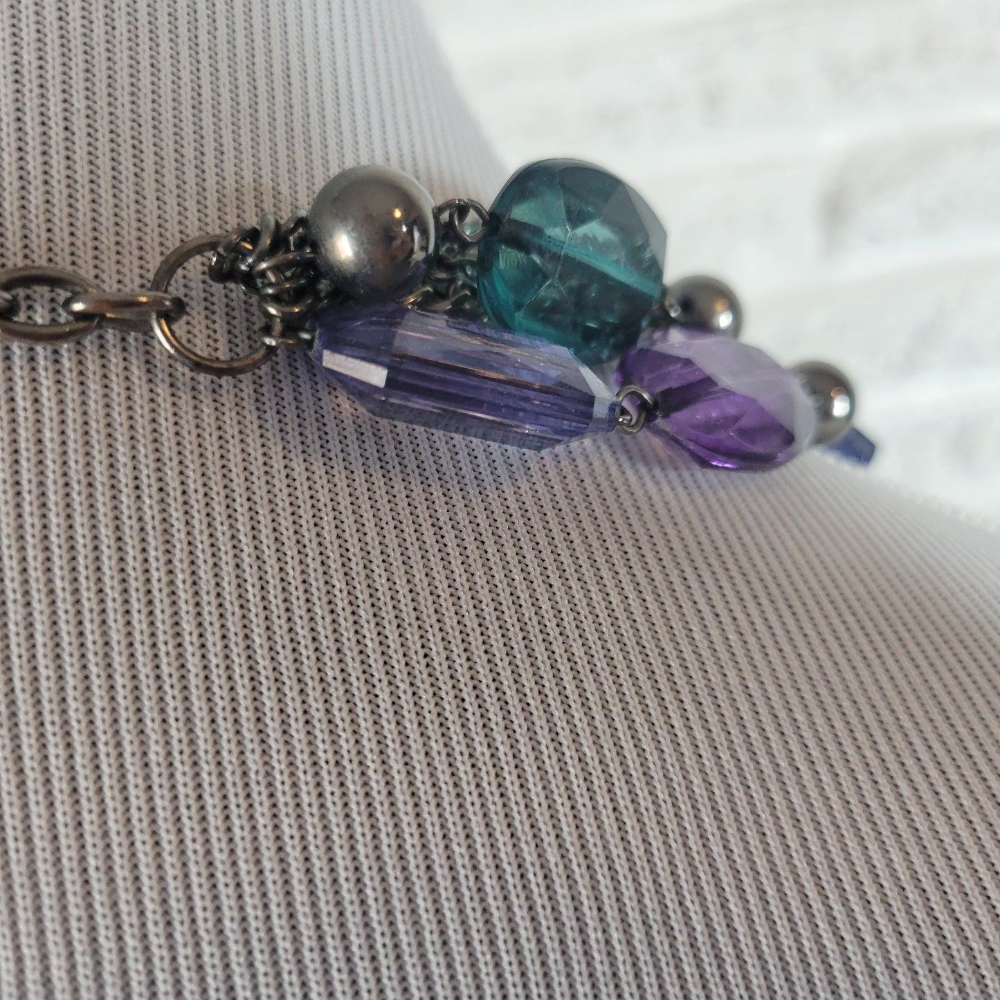 Multi Strand Beaded Statement Necklace Purple Teal Blue Silver Tone Layered N17E