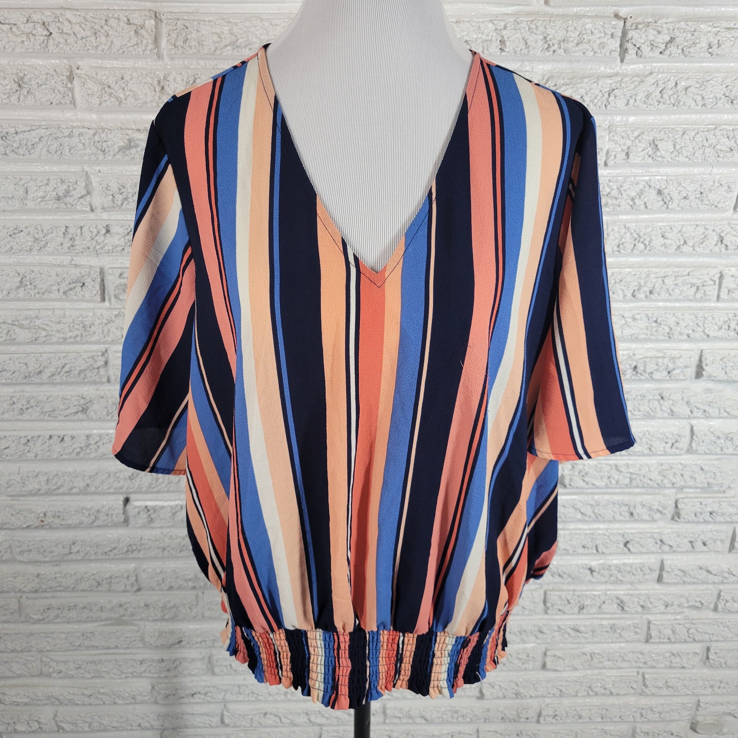 Michael Kors 2X Plus Size Peplum Top Blue Pink Striped V Neck Blouse STR116E