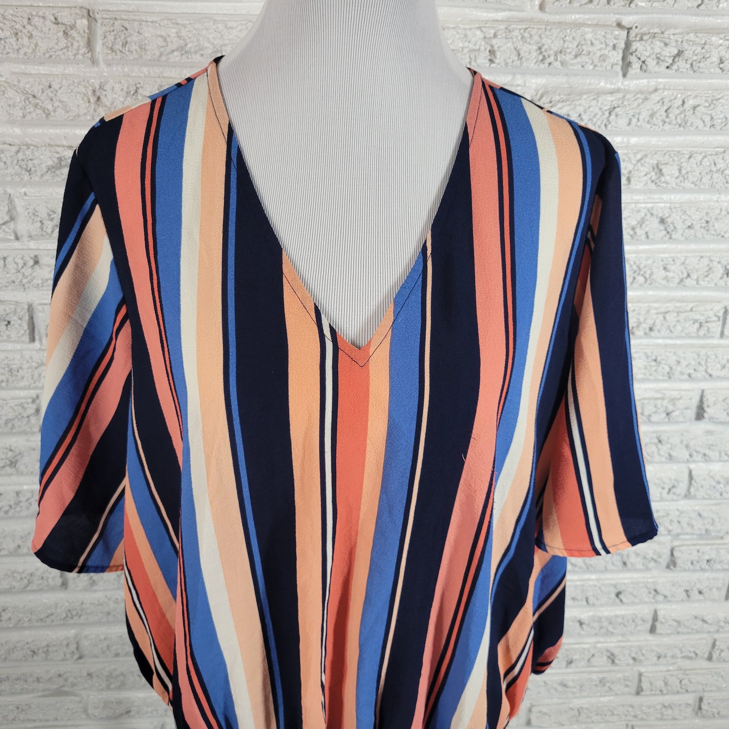 Michael Kors 2X Plus Size Peplum Top Blue Pink Striped V Neck Blouse STR116E