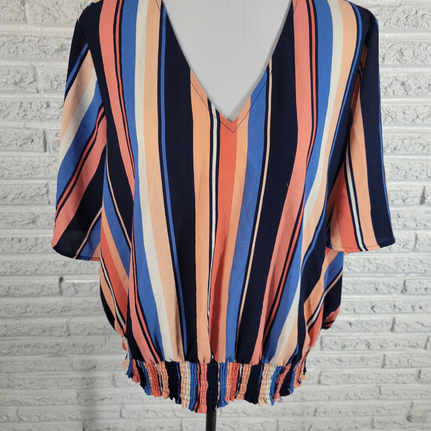 Michael Kors 2X Plus Size Peplum Top Blue Pink Striped V Neck Blouse STR116E