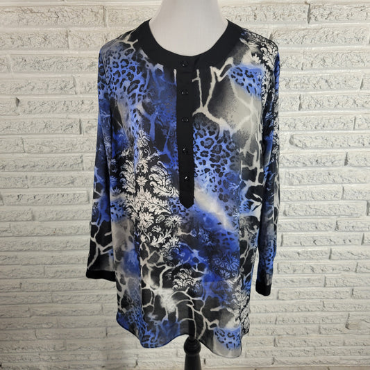 CJ Banks Tunic Blouse 1X Plus Size Blue Black Animal Print Sheer ANI52E