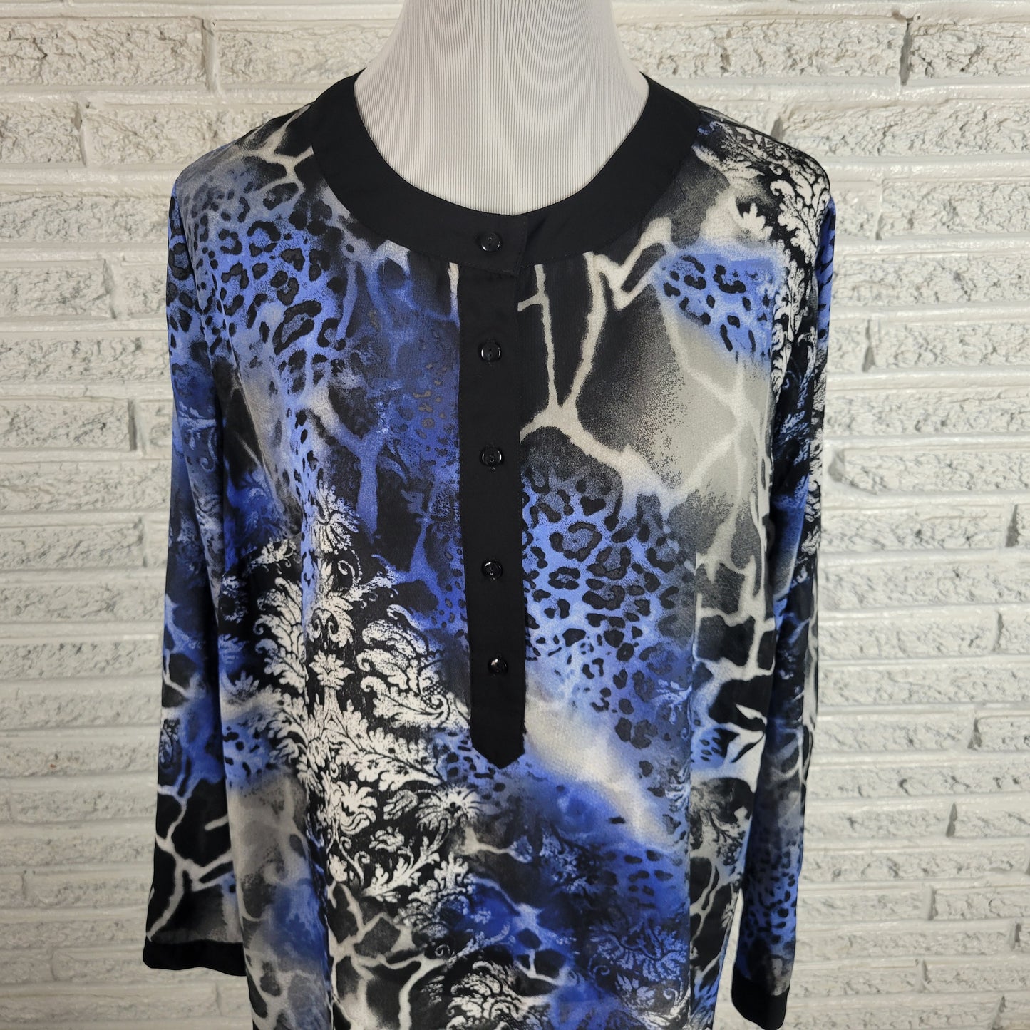 CJ Banks Tunic Blouse 1X Plus Size Blue Black Animal Print Sheer ANI52E