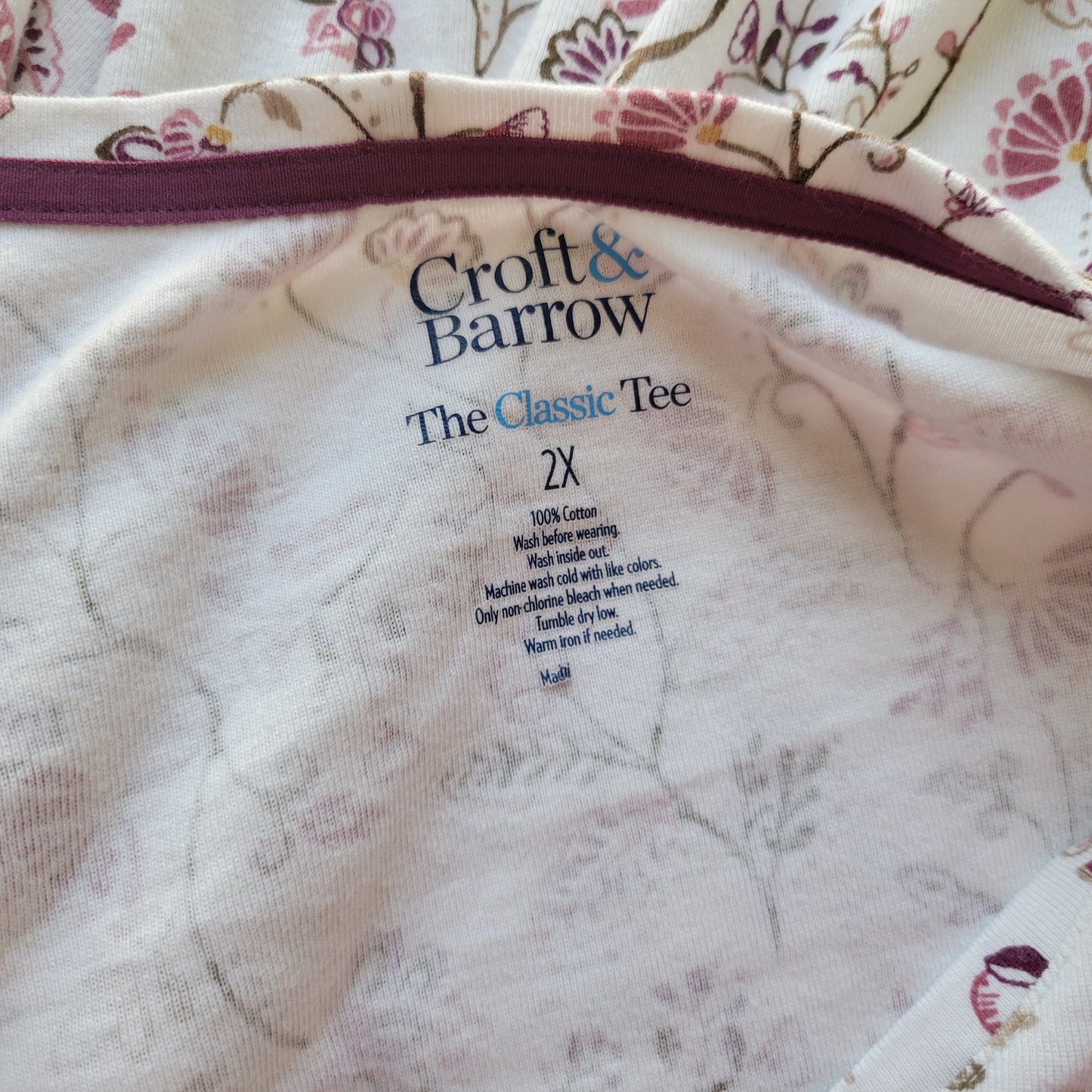 Croft & Barrow 2X Plus Size Cotton T Shirt Long Sleeve V Neck Floral FLO46E