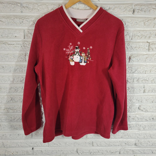 Croft & Barrow Christmas Snowman Fleece Sweatshirt XL Red V-Neck SWE97E